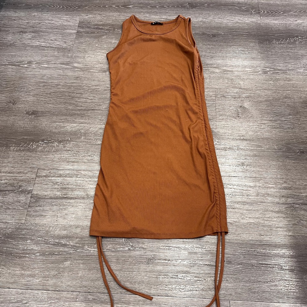 BTFBM Womens Mini Dress Midi Small Orange Crew Neck Bodycon Sleeveless Ruched‎